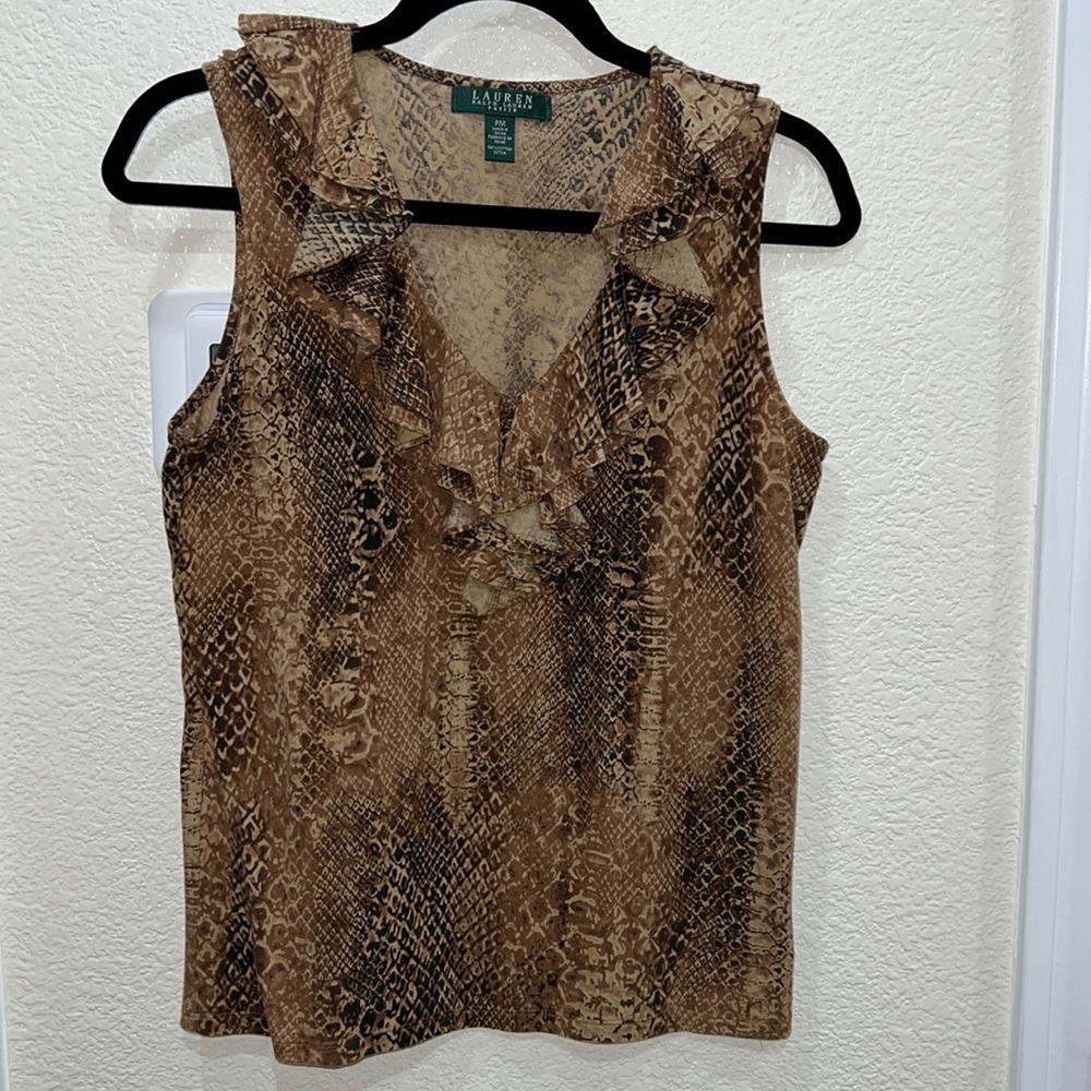 Ralph Lauren Brown Animal Print Sleeveless V-Neck Top with Ruffles